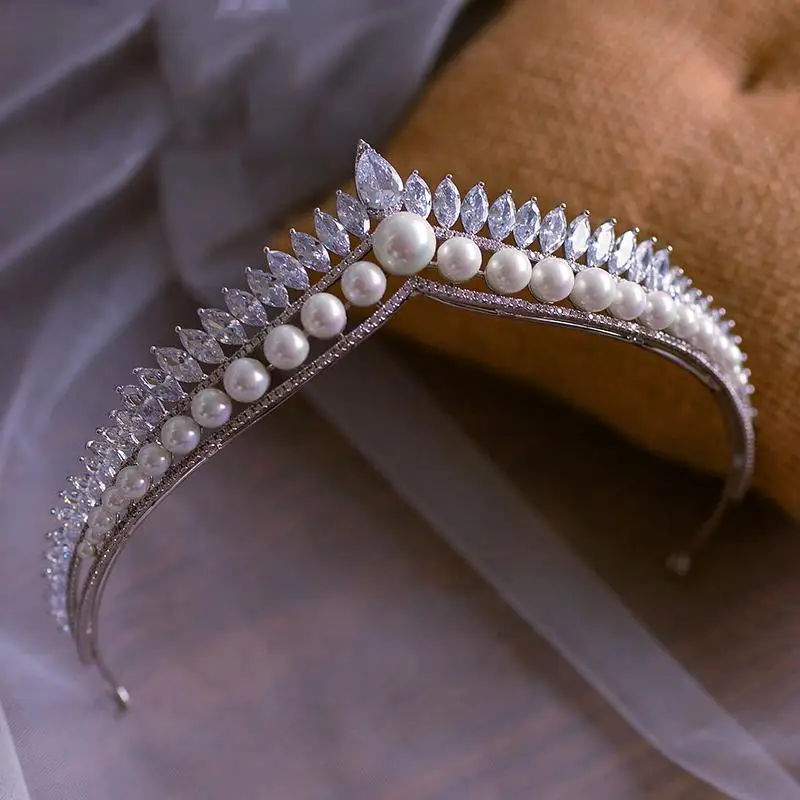 

Zircon Pearl Tiara Crown Zirconia CZ Headpiece Princess Queen Headband For Evening Dress Wedding Accessories Bridal Hair Jewelry