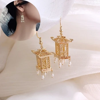 Chinese Style Pavilion Pearl Drop Earrings Fashion Vintage Dangle Bohemian Earrings for Women Ethnic Party Earrings Jewelry