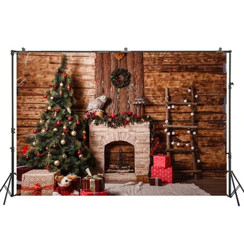 

HUAYI Christmas Tree Bird Gifts With Brown Wood Planks Wall Background Backdrop For Christamas Day Home Decor Props W-4289