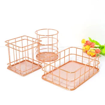 

Metal Iron Storage Baskets Rose Gold Art Nordic Makeup Organizer Desktop Mesh Storage Basket Cosmetic Organizer Box Eco-Friendly