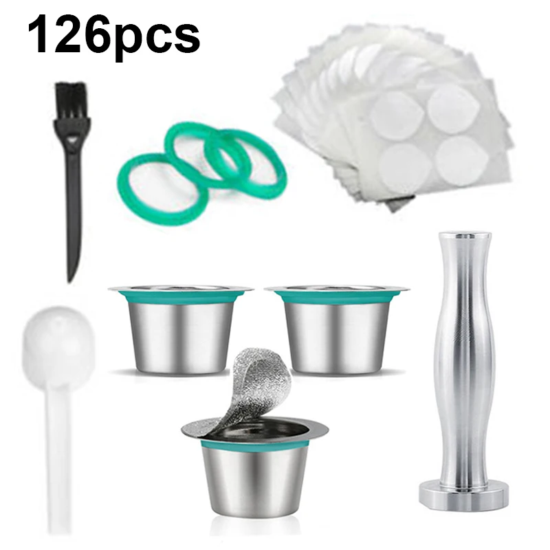 3Pcs Coffee Capsule+120Pcs Aluminum Film+Tamper Stainless Steel For Nespresso Replacement As A Gift