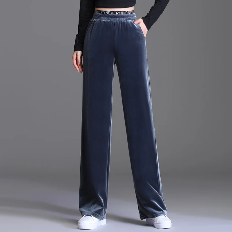 

Autumn Winter Wide Leg Pants Women Elastic Waist Elegant Casual Ladies Black Double Thick Velvet Trousers Vintage Female Palazzo
