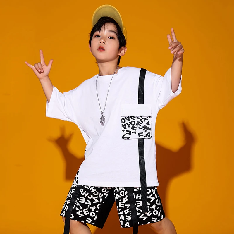 

Summer Hip-Hop Dance Clothes Boys Performance Costume Fashion Street Dancer Outfit Rave Clothing White T-shirt Black ShortDL8388