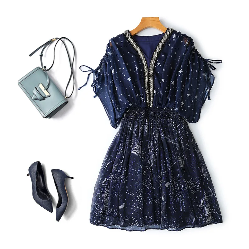 Винтажное с отделкой бусинами v-образным вырезом рукав летучая мышь с принтом звезды летнее платье женское элегантное свободное Мини шифоновое платье Vestidos - Цвет: Тёмно-синий