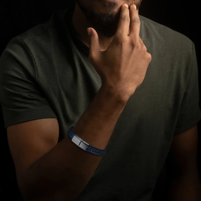 Vnox Stylish Men's Bracelet Customize Name Image Stainless Steel Bangle with Clasp Braided Leather Gents Fraternal Jewery