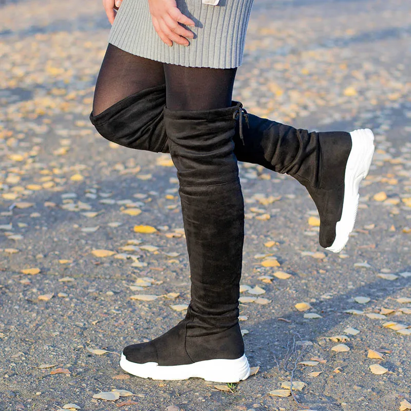 Taoffen/Большие размеры 29-46; женские ботинки на плоской подошве; повседневные кроссовки; Женские Сапоги выше колена; зимняя теплая Модная обувь на меху; эластичная обувь