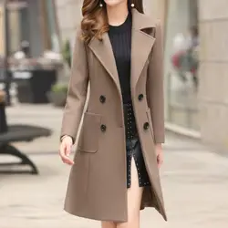 Шерстяное пальто женское Abrigos Mujer Invierno тонкое повседневное двубортное пальто с отложным воротником 2019 осеннее длинное шерстяное пальто