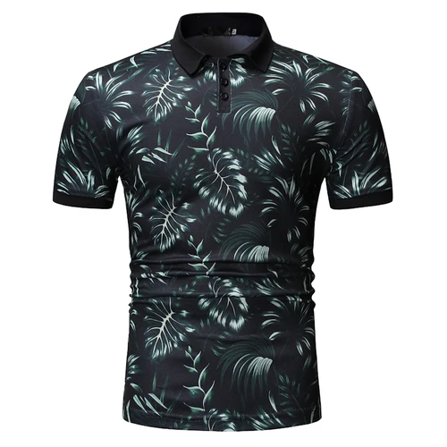 NEGIZBER New Summer Men's Polo Shirt Casual Lapel Slim Polo Shirt Plant Print Short-sleeved Polo Shirt Men - Цвет: green