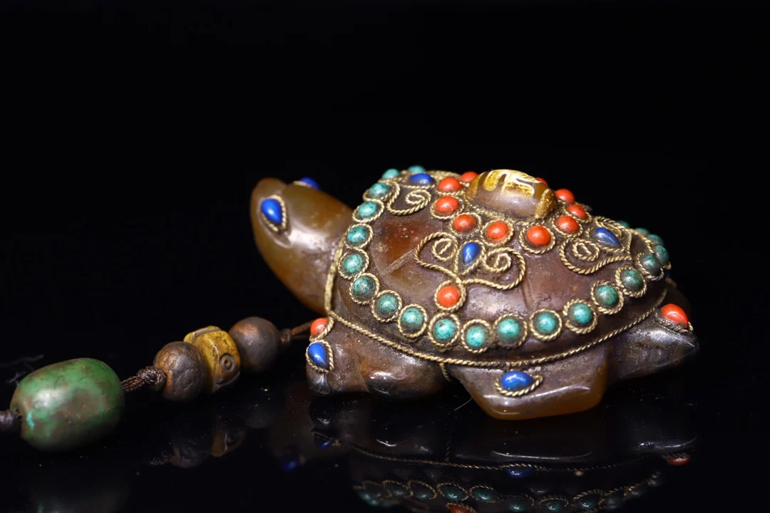 Tibet Buddhism Old Natural agate Filigree mosaic Gem Dzi Bead Turtle statue Lucky Pendant Exorcism Ward off evil spirits | Дом и сад