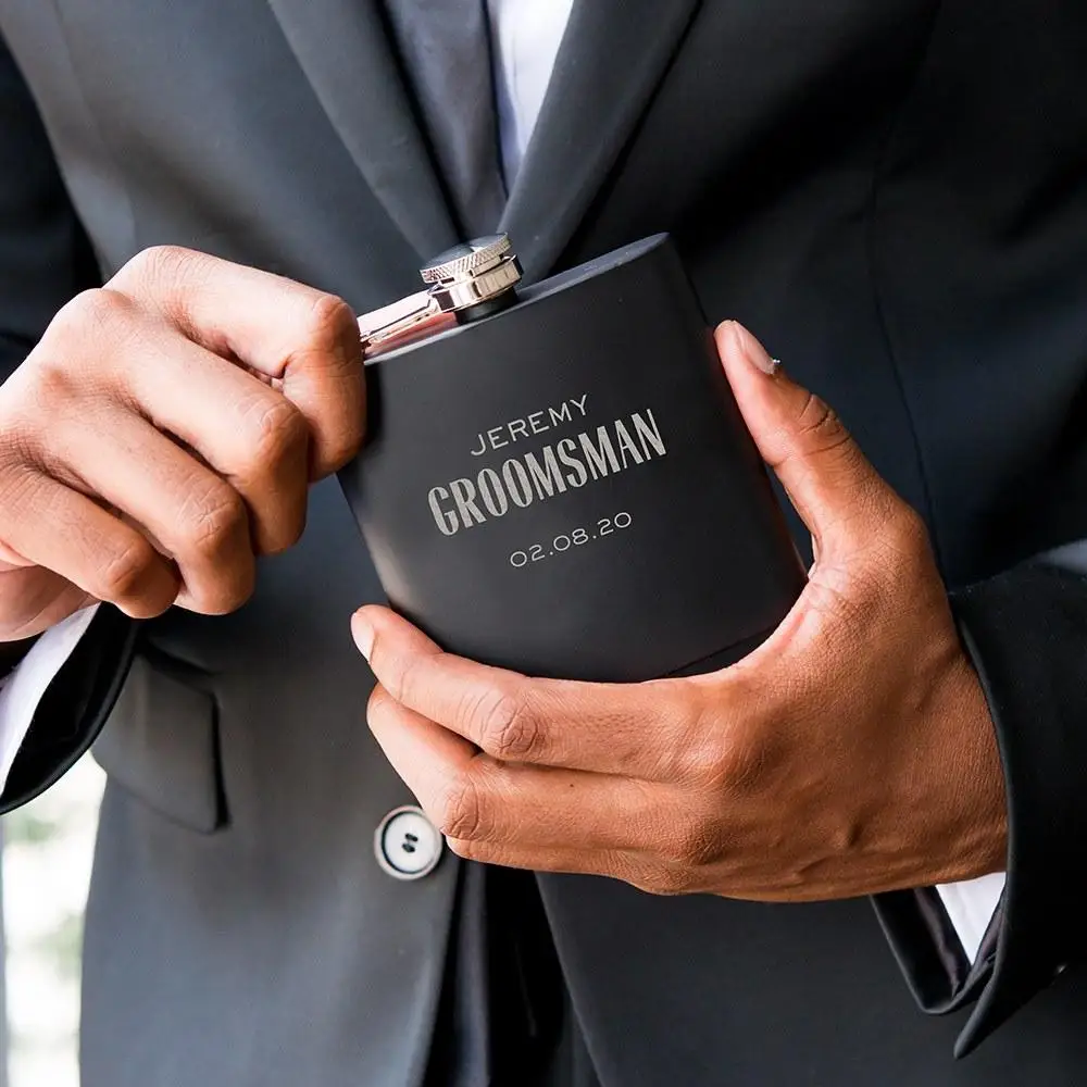 Personalized 6OZ Pocket Portable Stainless Steel Hip Flask Whiskey Metal Alcohol Bottle Groomsmen Gift Matte Black