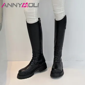 

ANNYMOLI Real Leather Platform High Heel Riding Boots Knee High Boots Women Shoes Rivet Zip Block Heels Ladies Long Boots Black