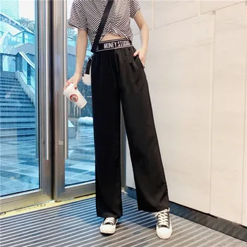 

Pants Autumn loose casual high waist elastic wide leg pants fashion trend solid color ladies pocket decorative trousers