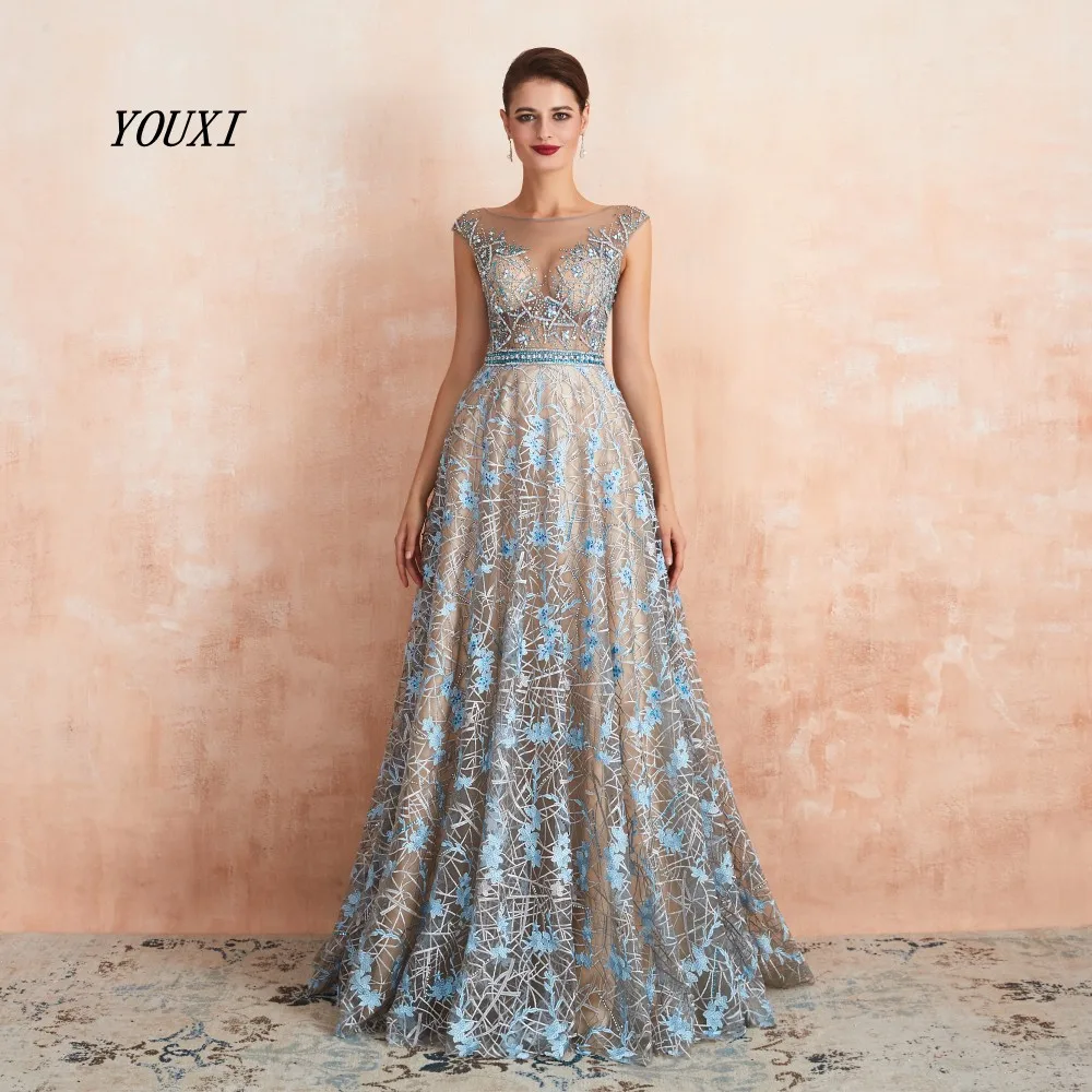 Robe de Soiree Великолепное вечернее платье YOUXI, кружевное, украшенное бисером, кристаллами, стразы, отвесное, на шее, официальное, abendkleider Lang