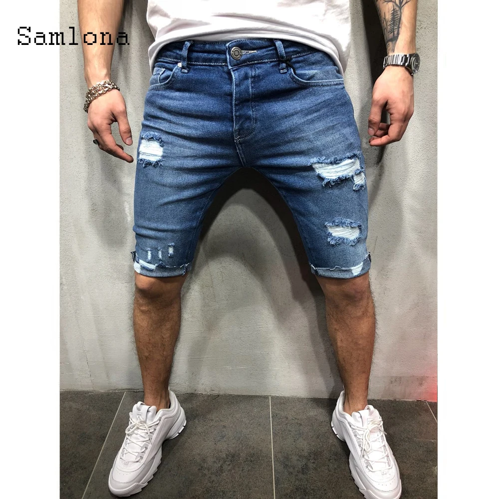 Samlona Men's Denim Shorts Sexy Leisure Jeans Pacthwork Hole Ripped Buttom 2024 Summer New Casual Demin Short Pants Male Clothes