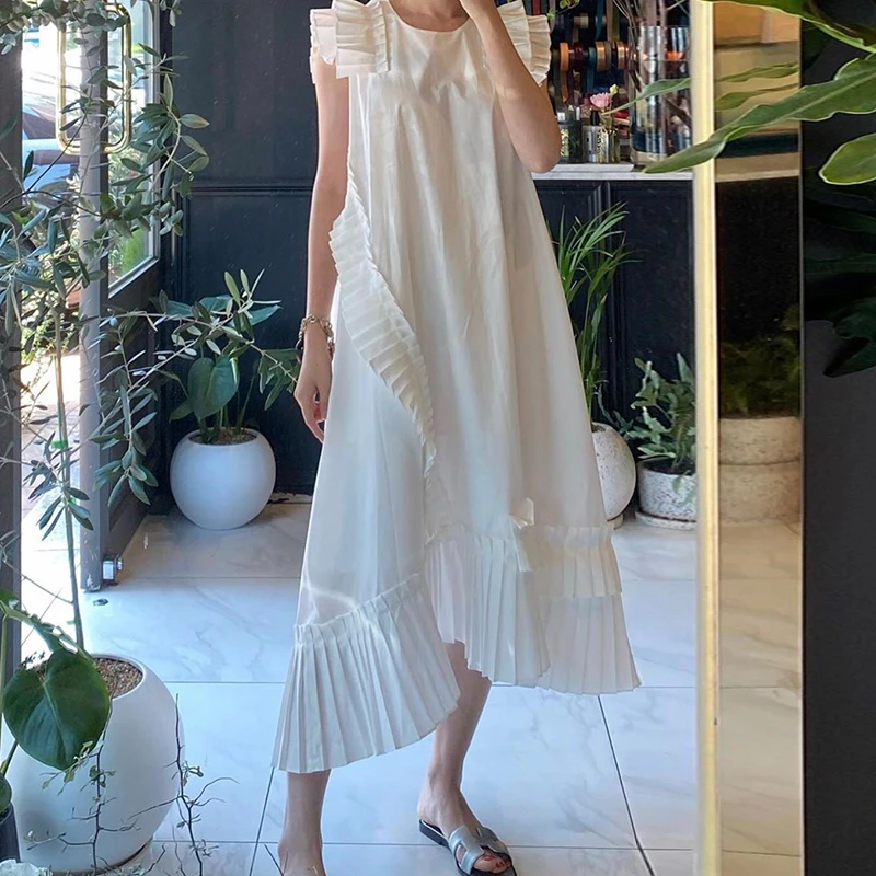 Korean Style Elegant White Dress Summer New 2021 Round Neck Fashion ...