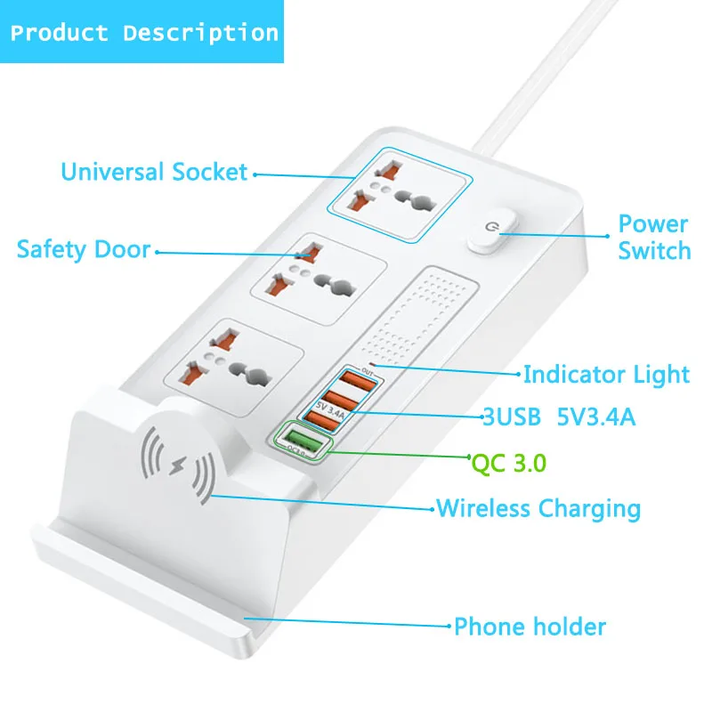 Tira de Energia Inteligente com Carregador sem Fio Carregador Rápido Desktop Tomada Estação Carregamento 3ac Interruptor Soquete Universal 2usb +qc 3.0 - Image 2