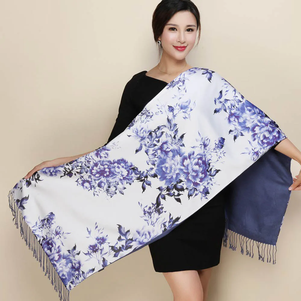 Silk Scarf 18 FS Элитный бренд печатных Шелковый шарф для женщин цветы платки с кисточкой дышащий теплый большой Бандана Хиджаб глава атласные шелковые шарфы для - Цвет: Silk Scarf 18