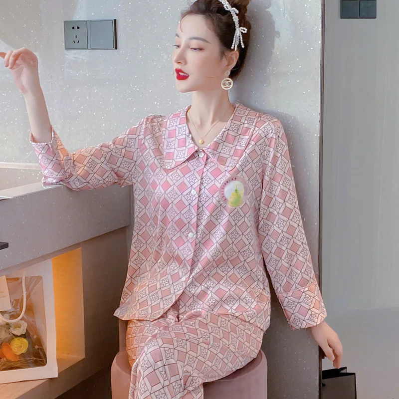 

Пижама женская атласная в клетку, комплект из двух предметов, пижама с принтом, интимное белье, домашняя одежда с лацканами и пуговицами