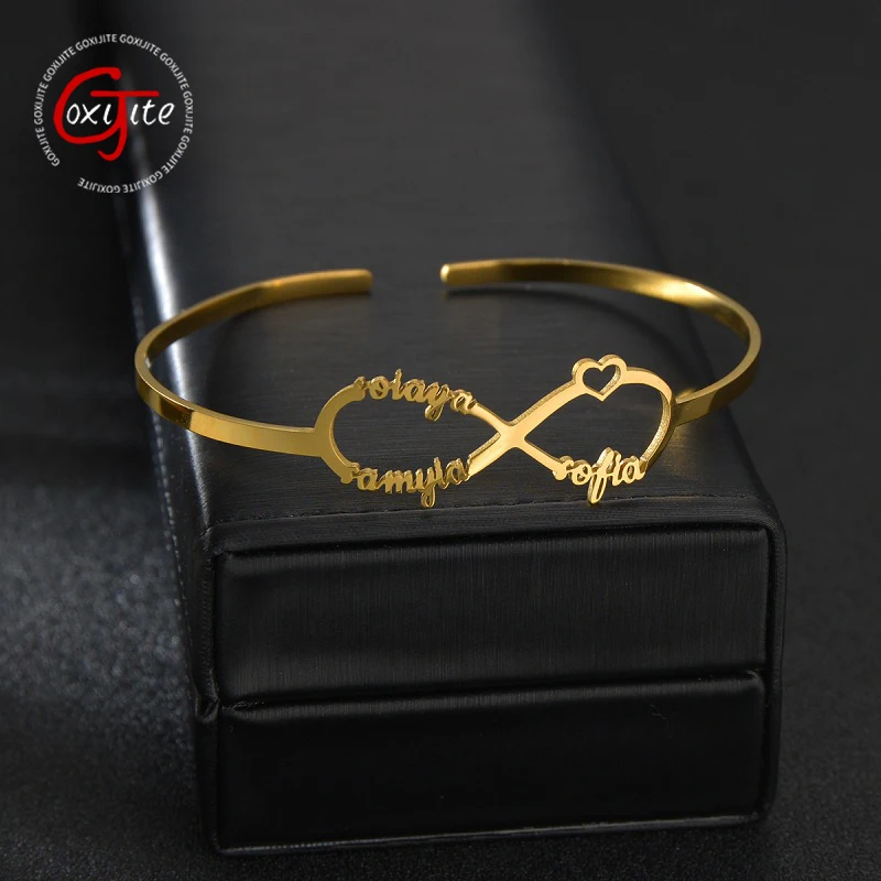

Goxijite Custom Name Infinity Bangle Bracelet Personalized Adjustable Heart Cuff Bangles Women Stainless Steel Jewelry Accessary