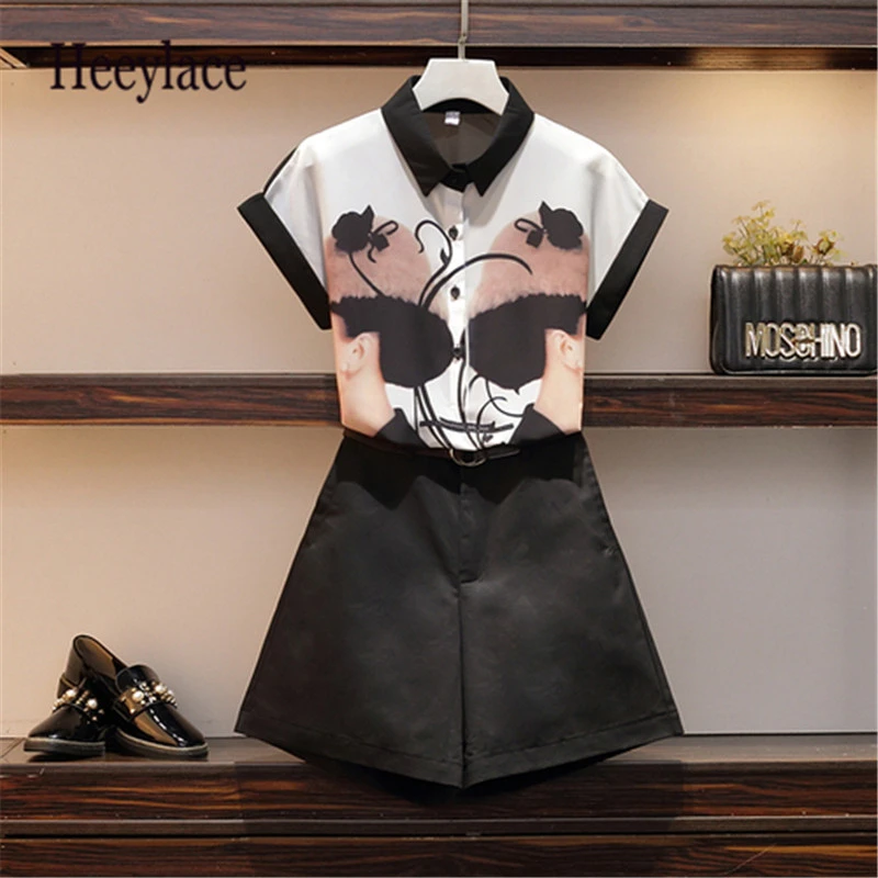 

Plus Size Two Piece Set For Women 2019 Summer Chiffon Person Funny Shirt+wide Leg Print Shorts Female Party Suit Set Women 5XL
