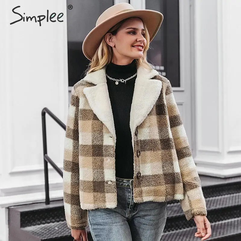 Simplee Fashion plaid women faux fur coat Buttons pockets soft office ladies warm coats Autumn winter female short jackets 2019 | Женская