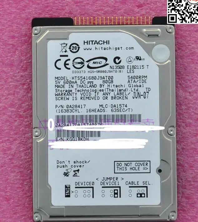 Б/у HITACHI hts541680j9at00 80g IDE, 2,5 дюймовый параллельный порт для ноутбука жесткий диск