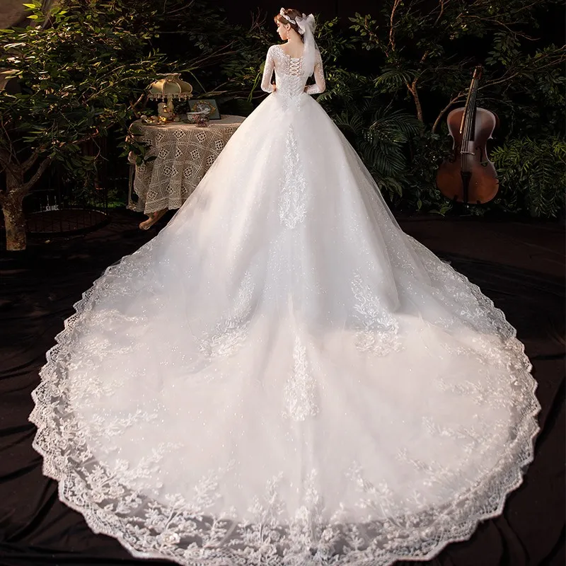 Boat Neck Wedding Gown With Train 2024 Three Quarter Sleeve Lace Up Bridal Ball Gown Robe De Mariee Vestido De Noiva Customized 5