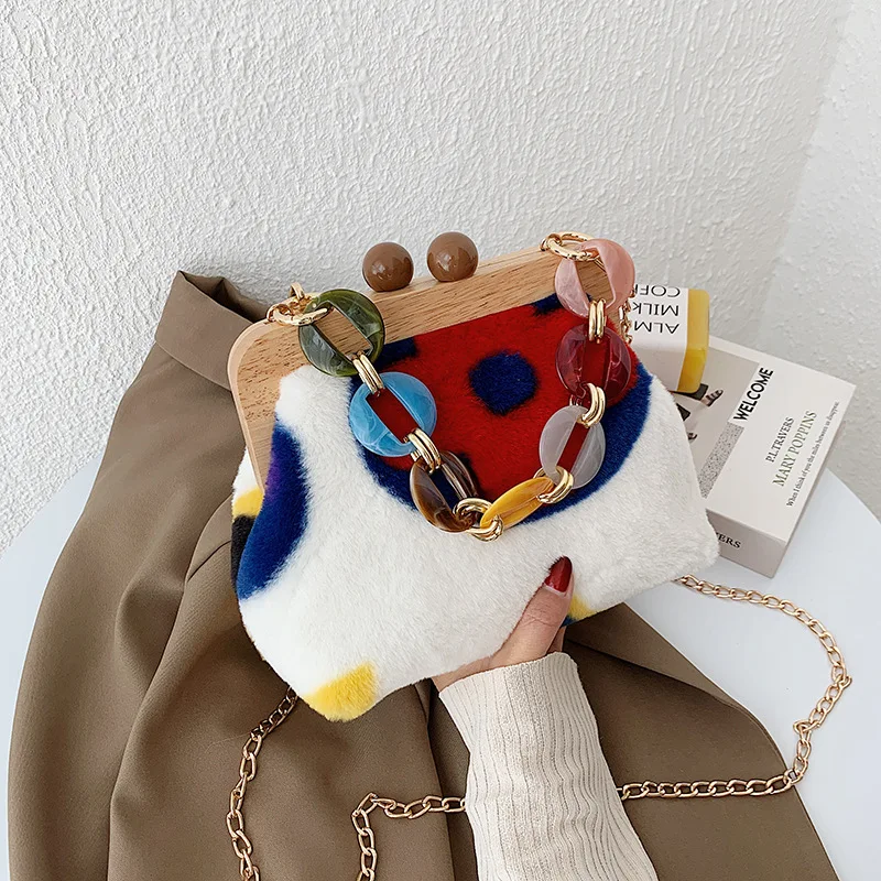 Crossbody Bags Women Wood Clip Autumn And Winter Plush Handbag Korean Acrylic Chain Shoulder Clutch