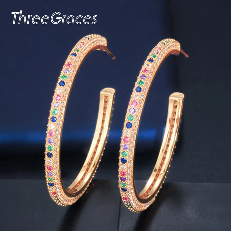 Threegraces, трендовые Разноцветные серьги с кубическим цирконием и кристаллами радуги, большие круглые женские серьги с золотыми петлями для ужина, банкета, E0309