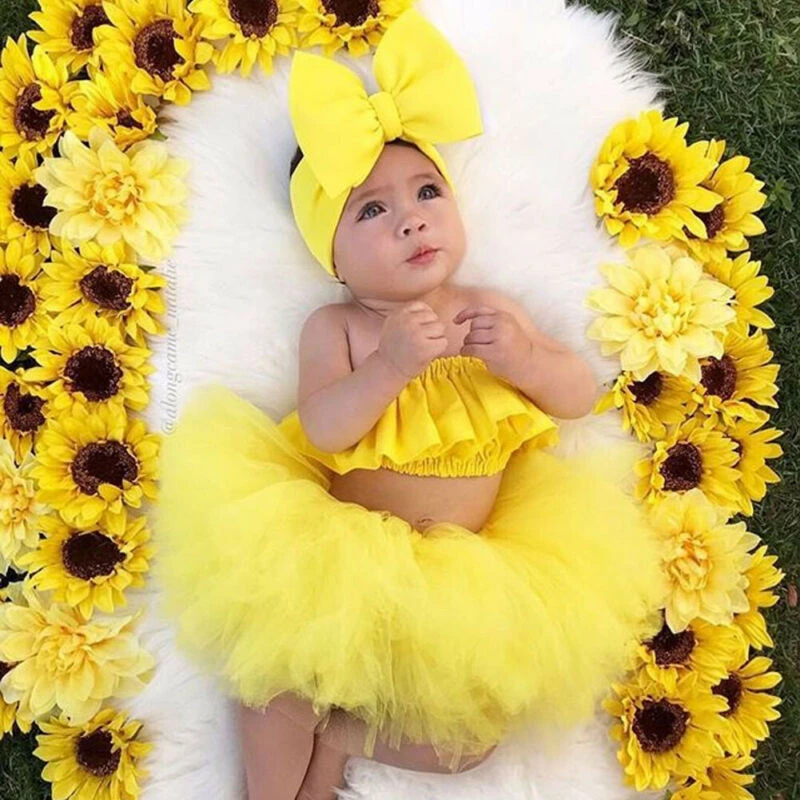 3PCS Toddler Baby Girl Party Crop Top Tutu Tulle Lace Mesh Skirt Dress Outfit Clothes Summer Yellow baby outfit matching set