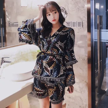 

Summer Printing Home Clothes Sweet Wide-sleeved Ladies Pajamas Suit Comfortable Tassel Lace Kimono 3 Pcs Female Sleepwear