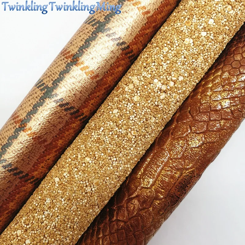 

GOLD Glitter Fabric, Metallic Snake Leather, Printed Plaids Synthetic Leather Sheets For Bow A4 21x29CM Twinkling Ming XM687