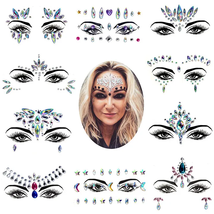 7  Acrylic Resin Drill Diamond Face Jewelry Women Masquerade Party Decor Diy Eyebrow Eye Face Stickers Colorful Crystal Stickers