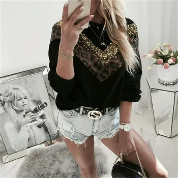 

Womens Leopard Print Patchwork Long Sleeve Loose T-Shirt Tops Casual Blouse Plus