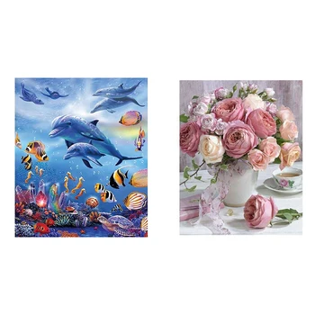 

2 Set 5D Diy Diamond Painting Full Round Diamond Embroidery Cross Stitch Diamond Painting, Dolphins Animal & Coffee Rose