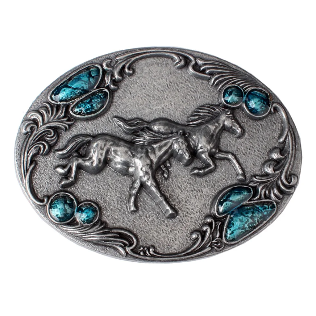 Western Belt Buckle Rodeo Running Horse Vintage Oval Women Men Cowboy