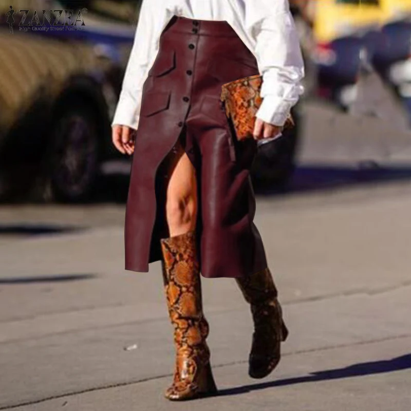2020 ZANZEA Spring Women Faux Leather PU Skirt Stylish High Waist Office Lady Midi Pencil Knee-Length Womens | Женская одежда
