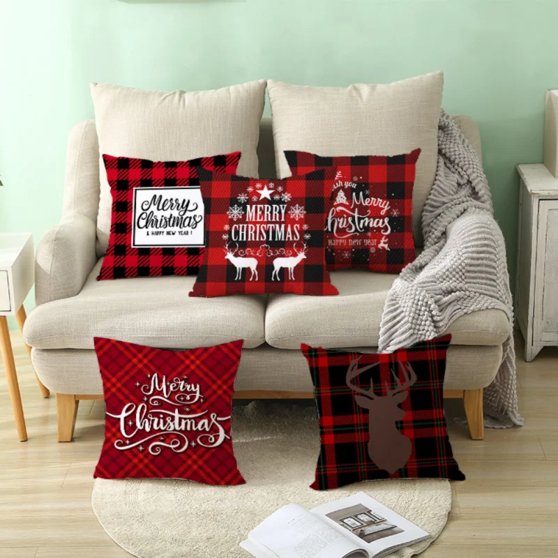 

17.7in Double-sided Decorative Christmas Theme Checked Throw Pillow Case Red Green Black Plaid Pillow Cover for Home