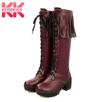 

KemeKiss Women Knee High Boots Fashion Tassel Winter Warm Shoes Women Casual Cross Strap Square Heels Platform Boots Size 34-43