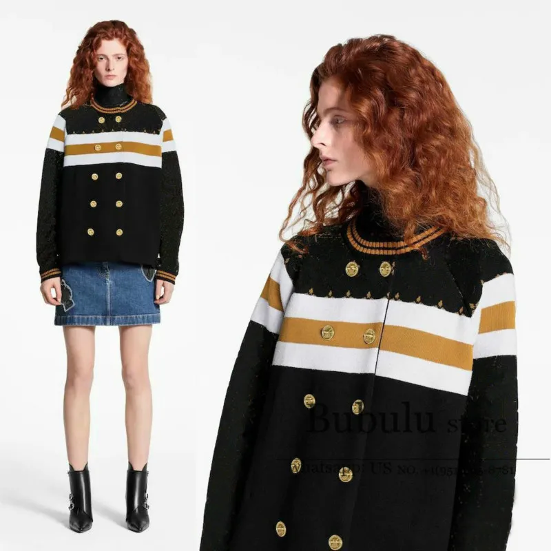 

High end Retro Luxury letter Jacquard Double Row Gold Buckle round Neck fall 2020 Sweater for women Cardigan cardigans clothing