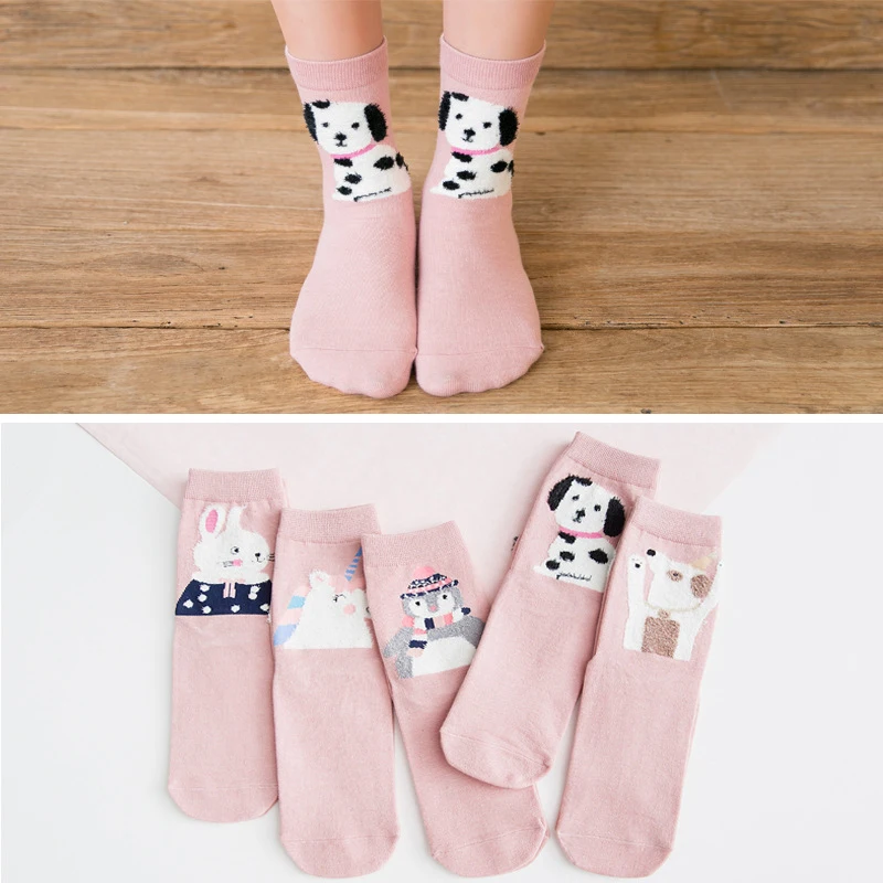 Женские носки с милыми животными, носки для девочек, забавные осенние зимние высокие носки, хлопковые белые розовые длинные носки, женские носки, набор 5 пар/упак