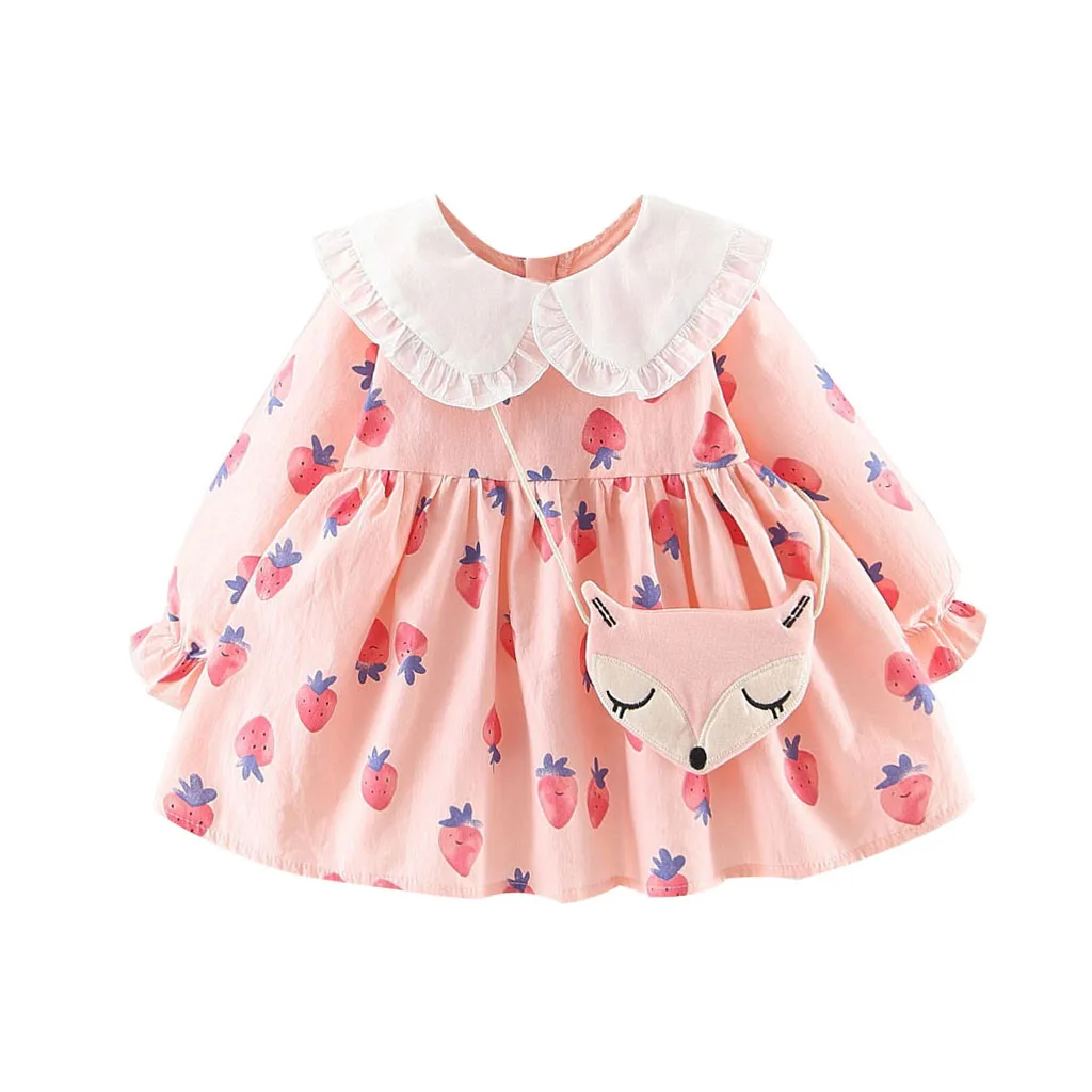 Модное платье для маленьких девочек; хлопковые повседневные Клубничные платья с круглым вырезом и оборками для маленьких девочек; повседневная одежда; H4