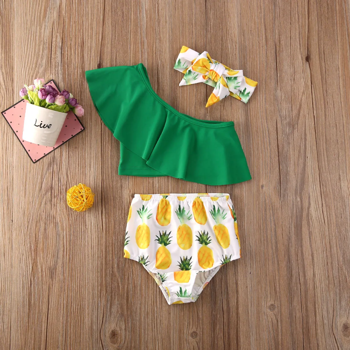 Летний купальный костюм для маленьких девочек, купальник с оборками и принтом ананаса, 3 предмета, купальный костюм, пляжная одежда, танкини, бикини, От 6 месяцев до 4 лет