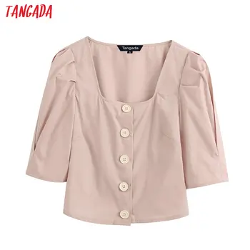 

Tangada women pink cotton crop blouse short sleeve 2020 summer chic female sexy slim shirt tops BE500
