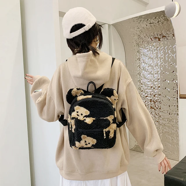 Kawaii Plaid Furry Bagpack Checkered Mini Fluffy Backpack For Women 2021  Bear Ears Plush Backpack Chessboard Fur Shoulders Bag - AliExpress