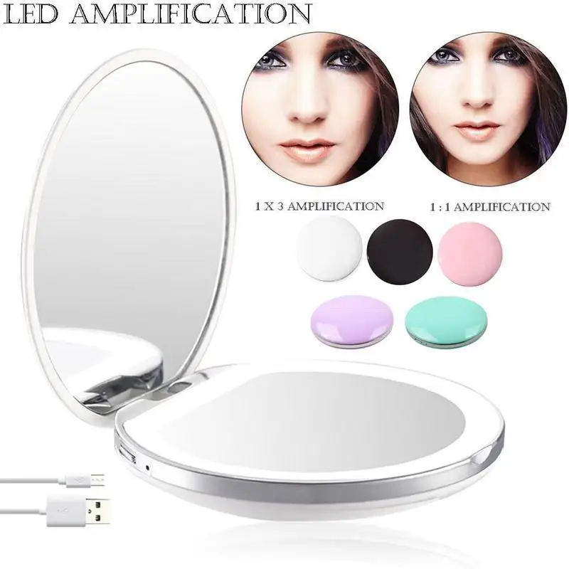 

New LED Light Mini Makeup Foldable Mirror Compact Pocket Face Lip Cosmetic Mirror Portable Lighting Mirror with USB data cable