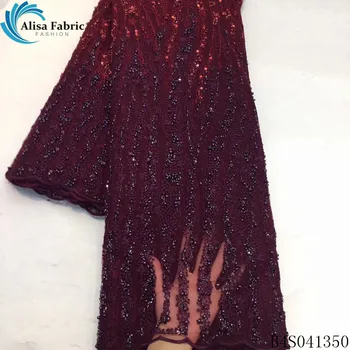 

Alisa fashion african handmade bead lace fabric embroidered with sequins 5 yards/pcs french net laces fabrics for garment sewing