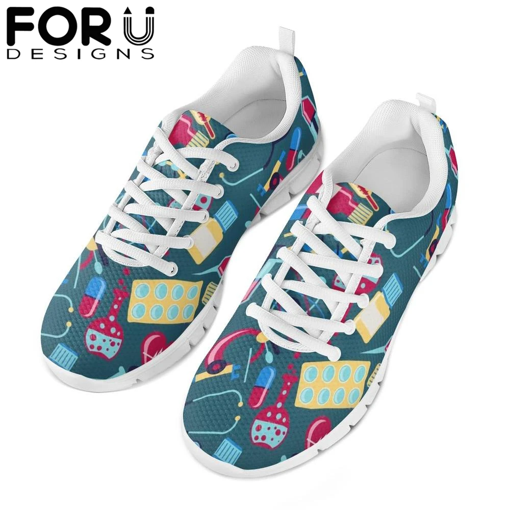 

Cartoon Doctor&Medicine Platform Sneakers Air Mesh Lace Up White Running Shoes Female Seamless Image Soft Flat Walking Shoes