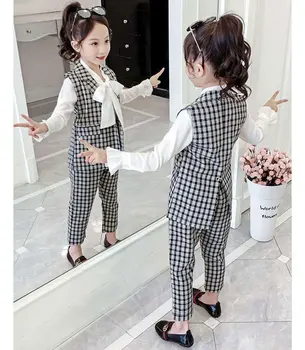 

2020 Spring Autumn Girl Clothes White Color Blouse+Vest+Pant 3Pcs Outfits Age For 3-12 Yrs Fashion Kids Plaid Girls Clothes Set