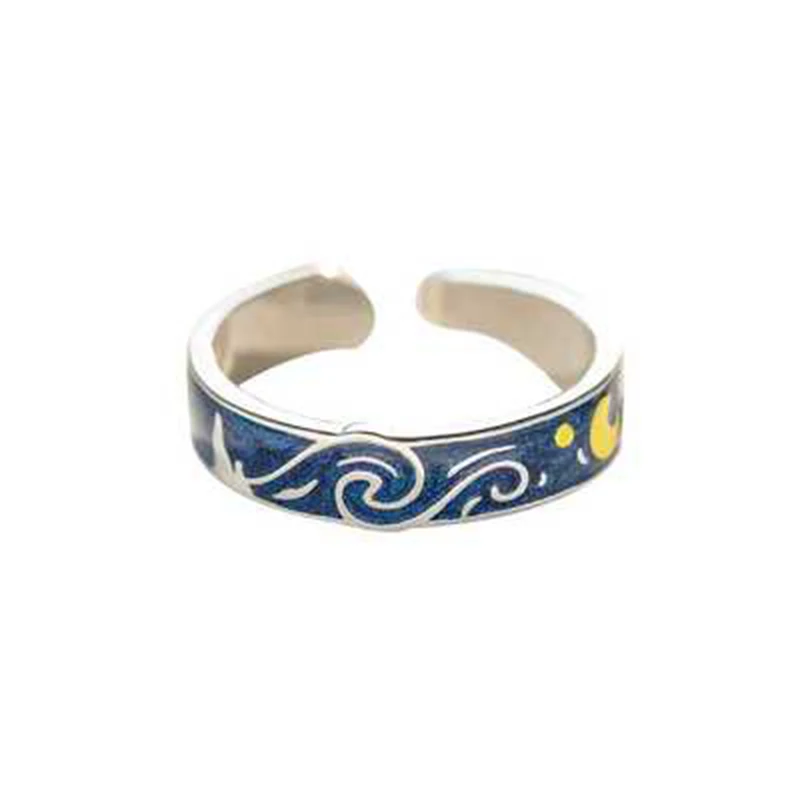 Qevila Real 100% 925 Sterling Silver Ring Van Gogh Open Rings Starry Sky Moon Adjustable Ring For Women Lover Men Romantic Gifts (11)
